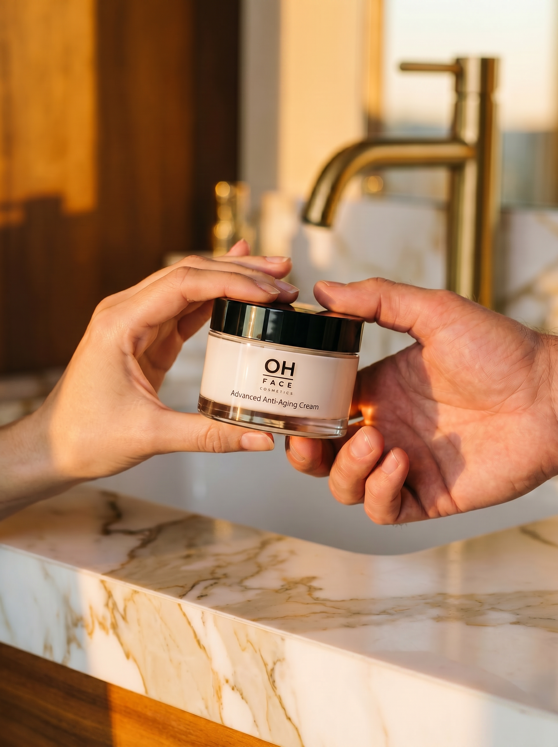 One hand giving an OH FACE cream jar to another — Care Beyond Skin